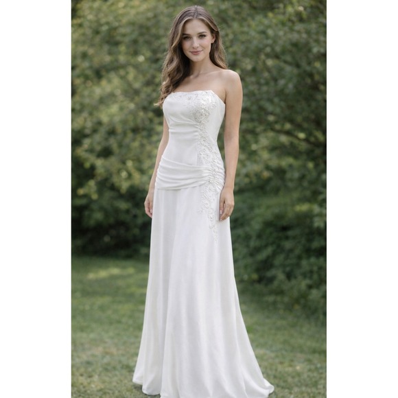 Essense of Australia Dresses & Skirts - strapless satin white wedding gown from Essense of Australia with beading Size 8